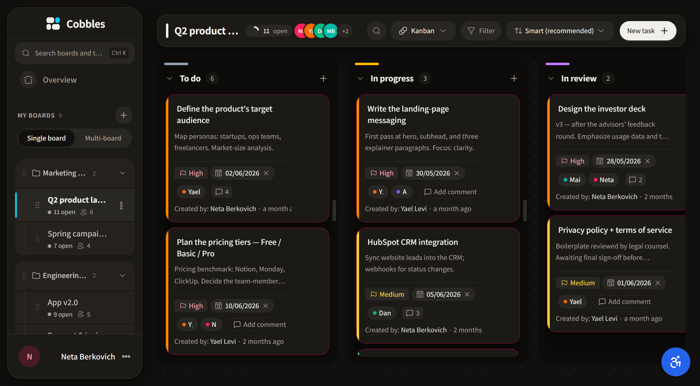 The Cobbles board: a kanban where every task shows its status, owner, and due date — and every agent action is signed with the agent's name