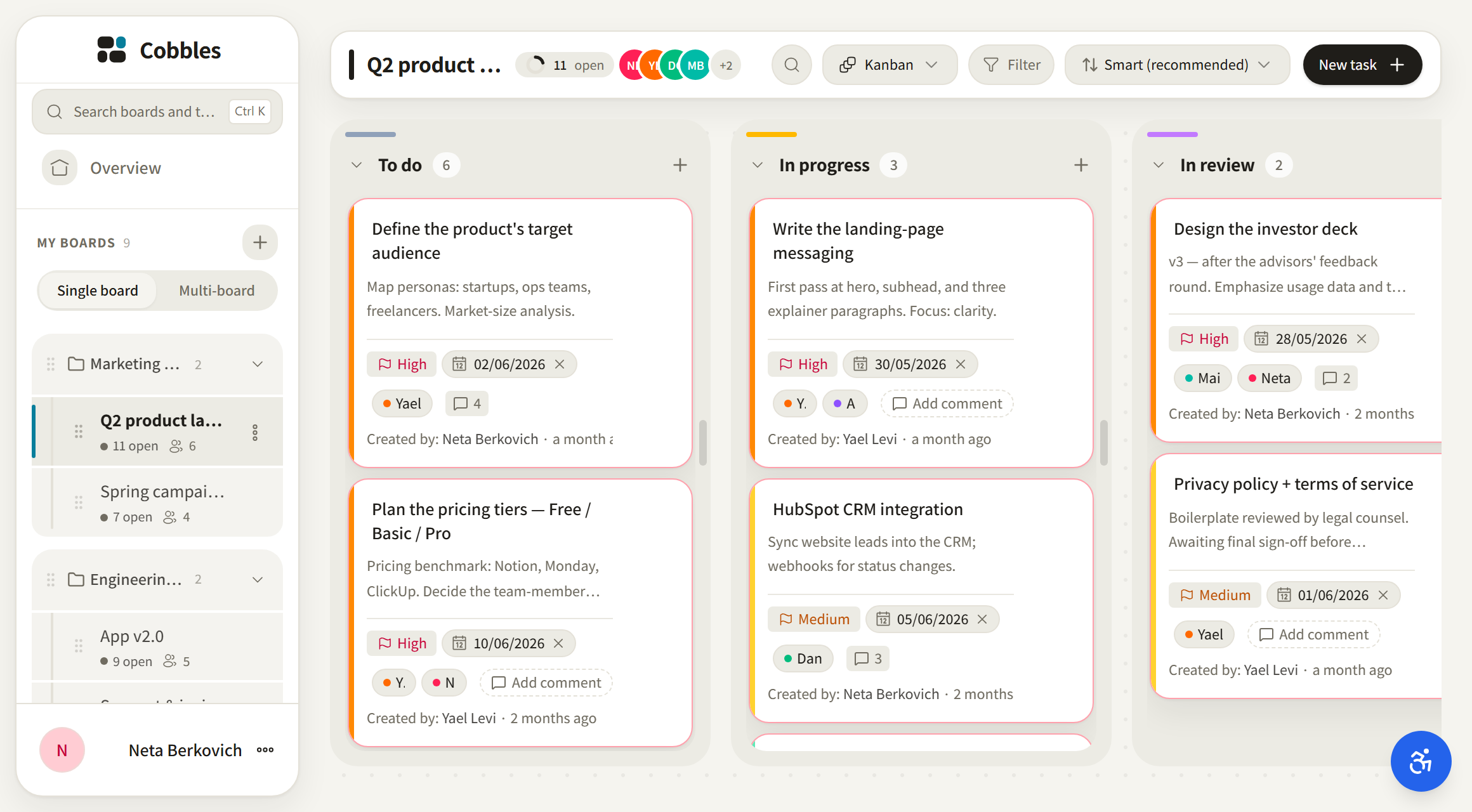 The Cobbles board: a kanban where every task shows its status, owner, and due date — and every agent action is signed with the agent's name