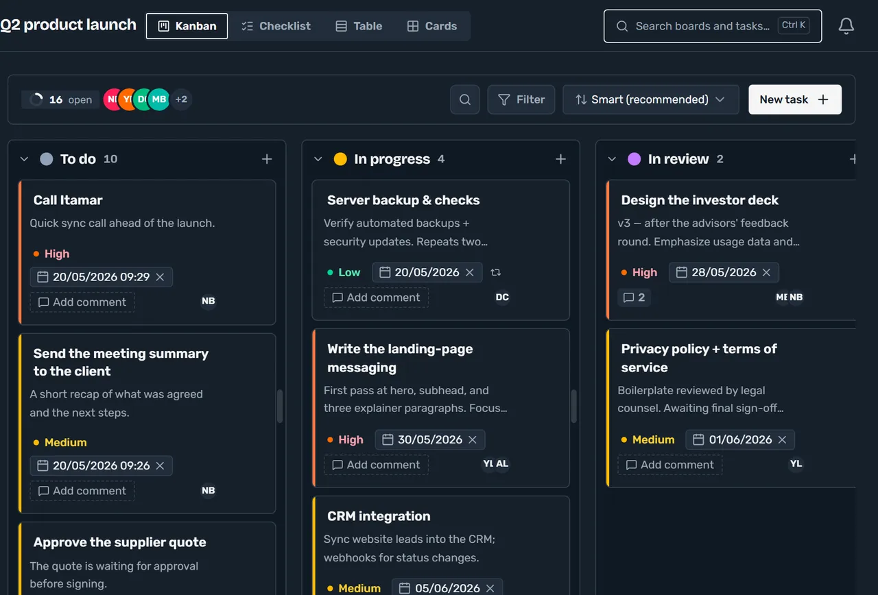 The kanban board in the dark theme