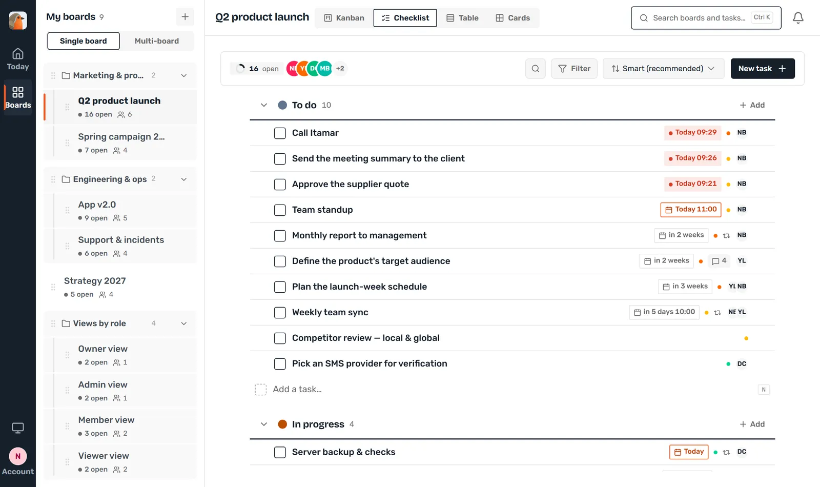 The same board as a checklist: tasks grouped by status, each with a checkbox and its due date