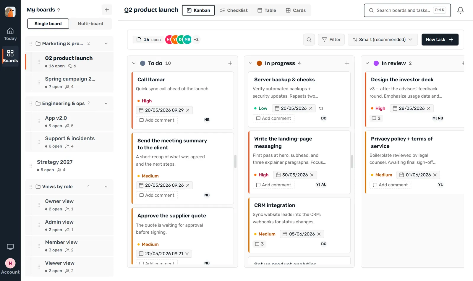 The Q2 product launch board as a kanban: three columns of task cards with priority, due date and assignees